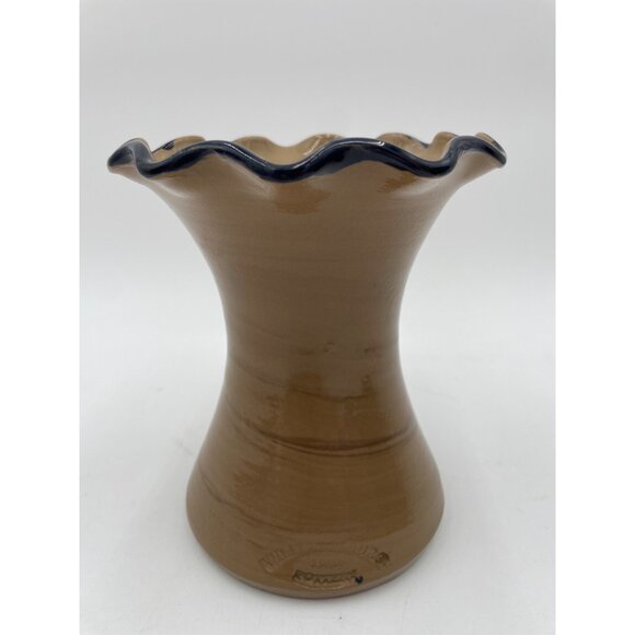 Vintage 1999 Williamsburg Pottery Vase Brown & Blue Floral Design 6" Tall - Picture 3 of 6